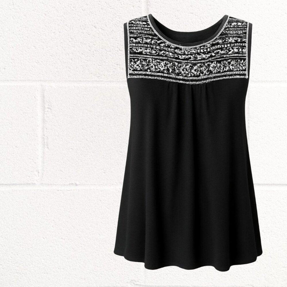 Forgotton Grace Black Sleeveless White Embroidered‎ Loose Fit Top Size M